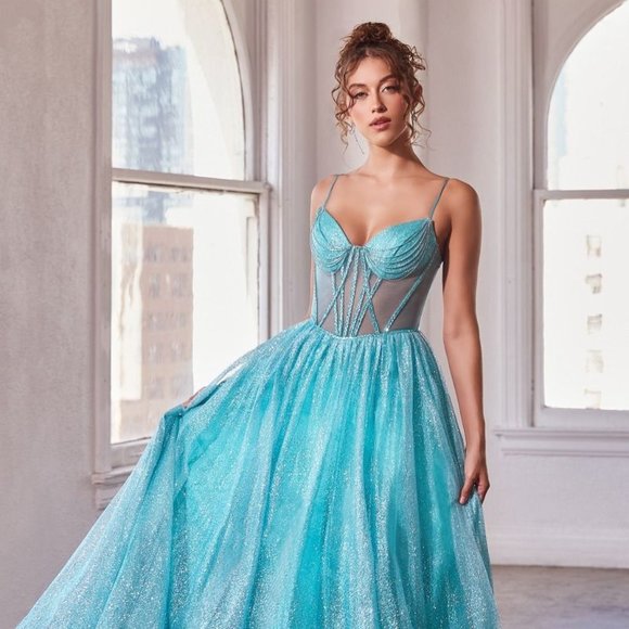 NEW LONG FORMAL SLEEVELESS SHEER CORSET GLITTER BALL GOWN WITH STRAPS CD832